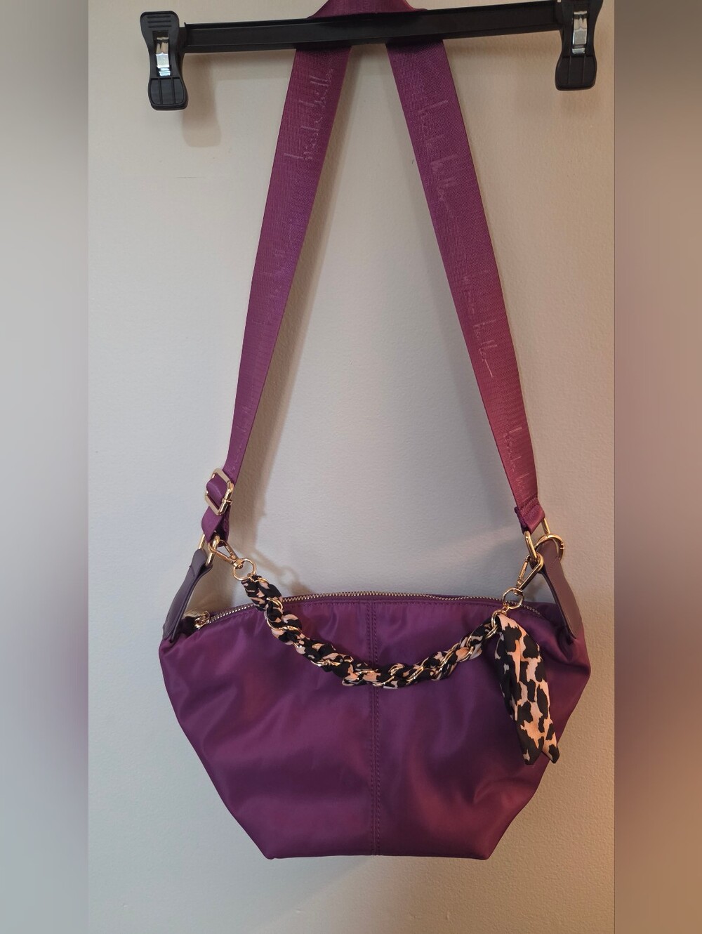 Nicole Miller Nylon Crossbody Purple Shoulder Bag with Removable Chain Accent